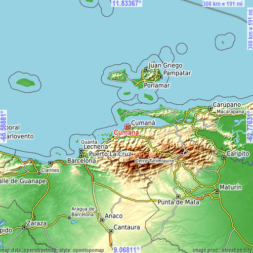 Topographic map of Cumaná