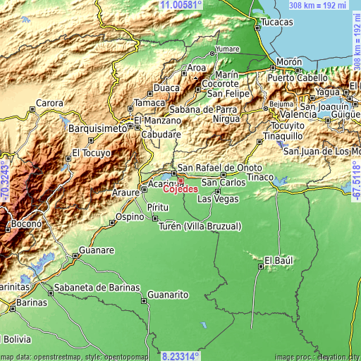 Topographic map of Cojedes