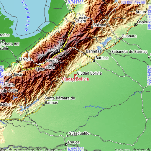 Topographic map of Ciudad Bolivia