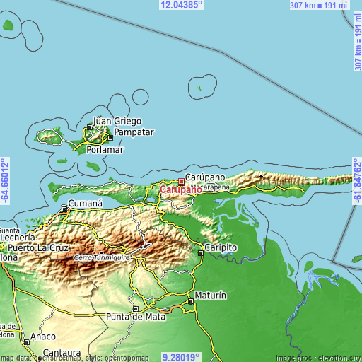 Topographic map of Carúpano