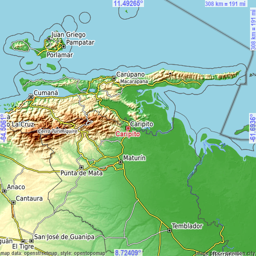 Topographic map of Caripito