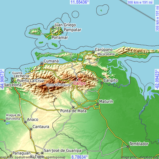 Topographic map of Caripe