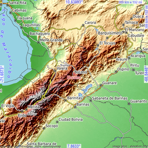 Topographic map of Boconó