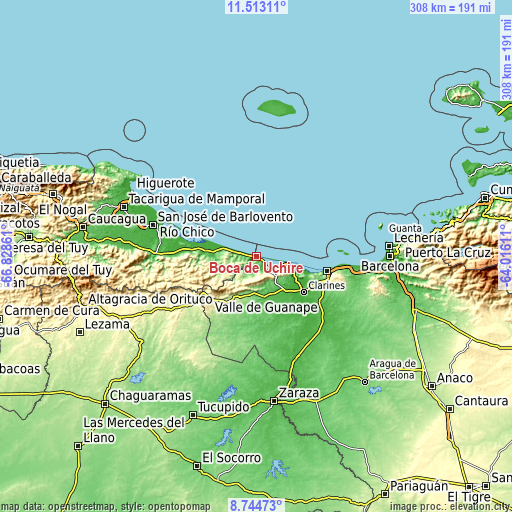 Topographic map of Boca de Uchire