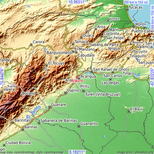 Topographic map of Araure