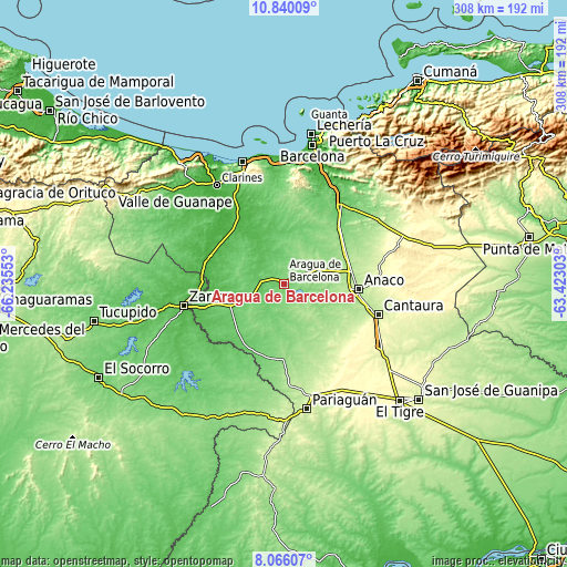 Topographic map of Aragua de Barcelona