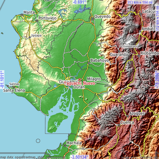 Topographic map of Yaguachi Nuevo