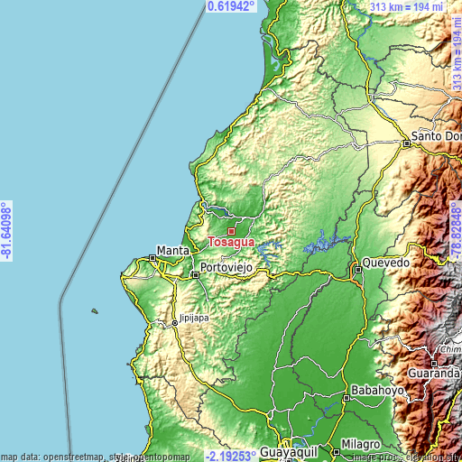 Topographic map of Tosagua