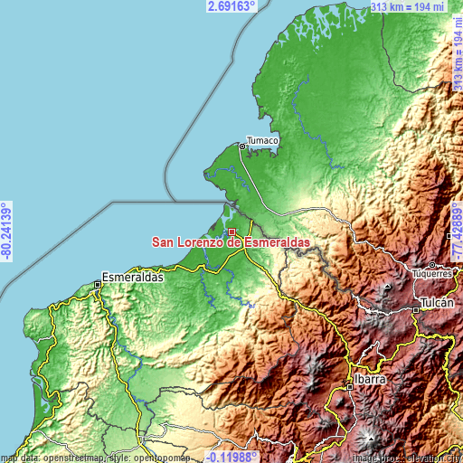 Topographic map of San Lorenzo de Esmeraldas