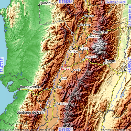 Topographic map of Zarzal