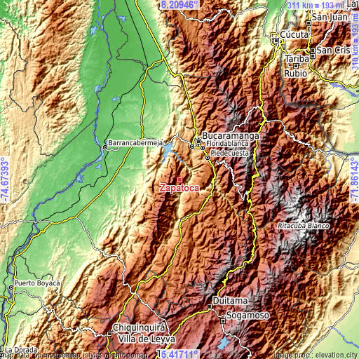 Topographic map of Zapatoca