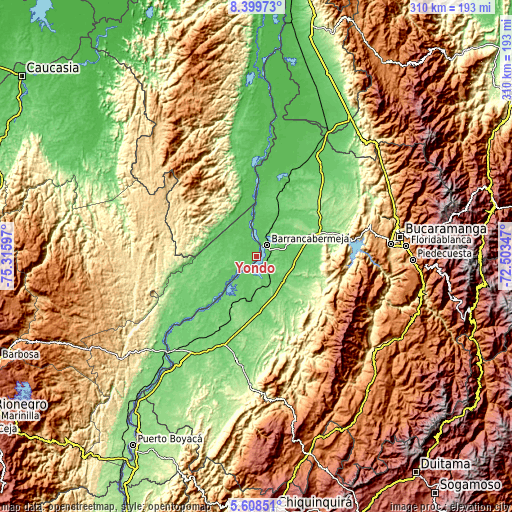 Topographic map of Yondó