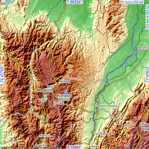 Topographic map of Yolombó