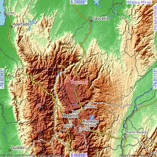 Topographic map of Yarumal