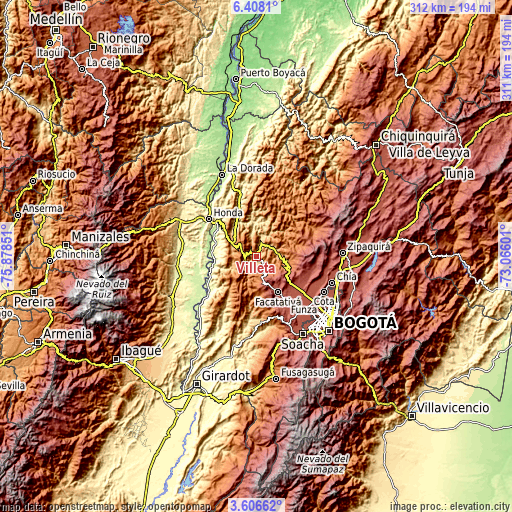 Topographic map of Villeta