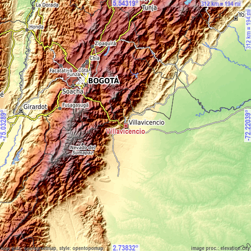 Topographic map of Villavicencio