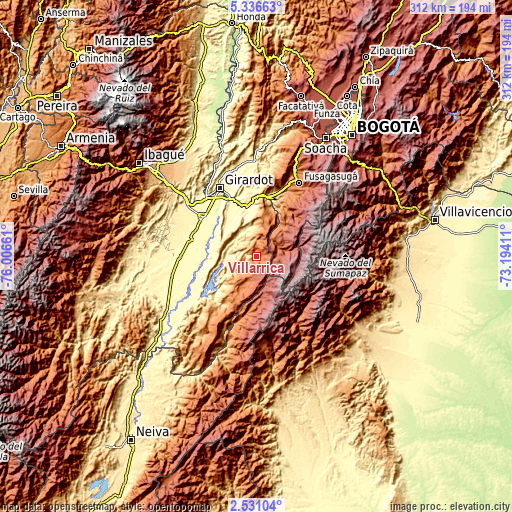 Topographic map of Villarrica