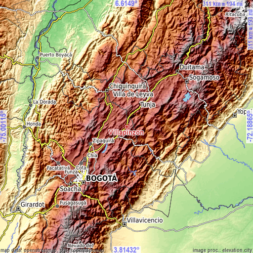 Topographic map of Villapinzón