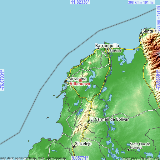 Topographic map of Villanueva