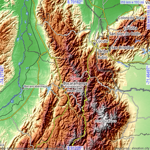 Topographic map of Vetas