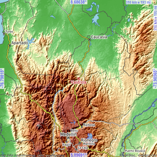 Topographic map of Valdivia