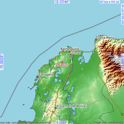 Topographic map of Usiacurí