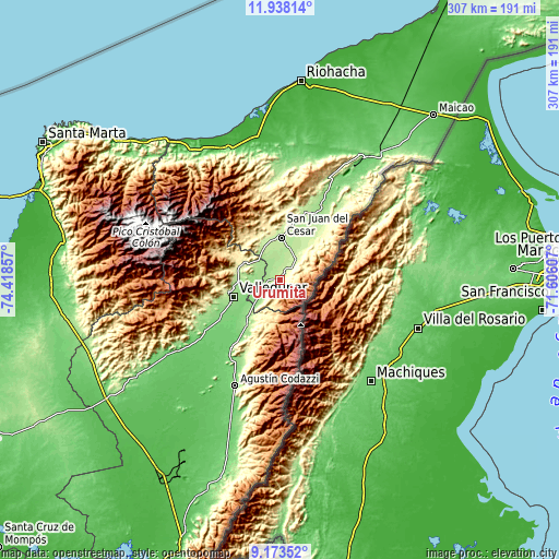 Topographic map of Urumita