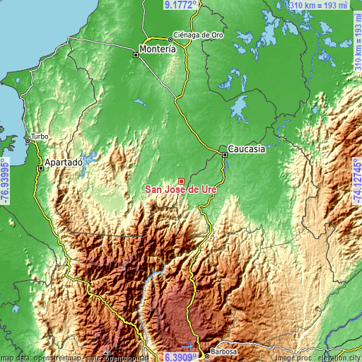 Topographic map of San José de Uré