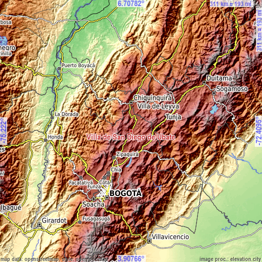 Topographic map of Villa de San Diego de Ubaté