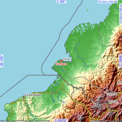 Topographic map of Tumaco