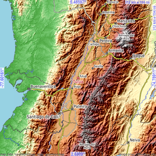 Topographic map of Tuluá