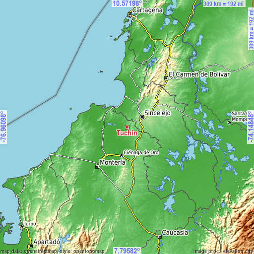 Topographic map of Tuchín