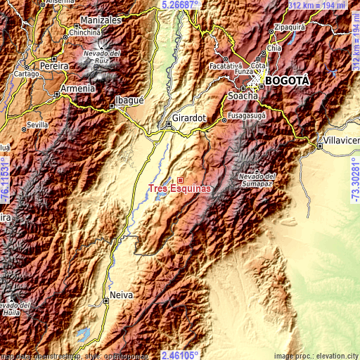 Topographic map of Tres Esquinas