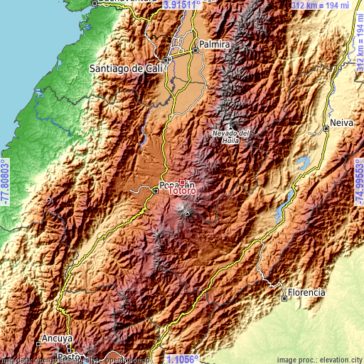 Topographic map of Totoró