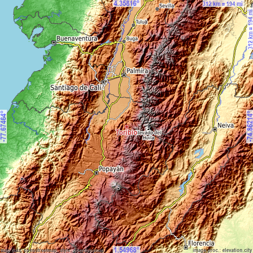 Topographic map of Toribío