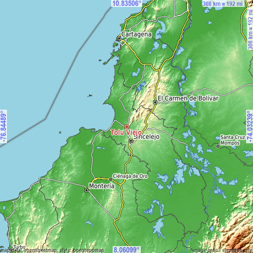 Topographic map of Tolú Viejo