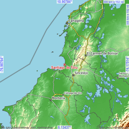 Topographic map of Santiago de Tolú