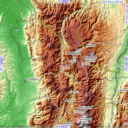 Topographic map of Titiribí