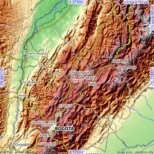 Topographic map of Tinjacá
