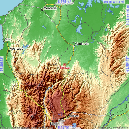 Topographic map of Tarazá