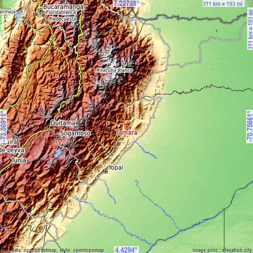 Topographic map of Támara