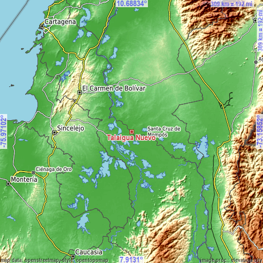 Topographic map of Talaigua Nuevo