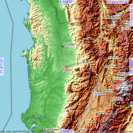 Topographic map of Tadó