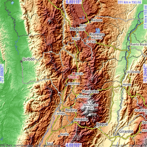 Topographic map of Supía