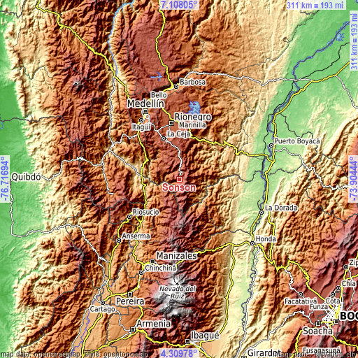 Topographic map of Sonsón