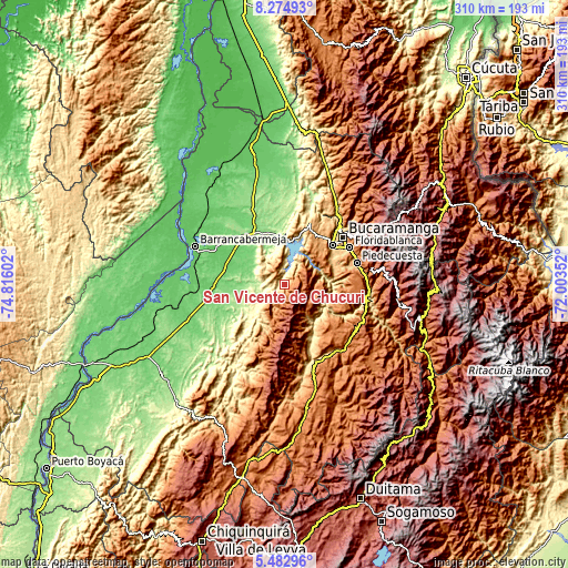 Topographic map of San Vicente de Chucurí