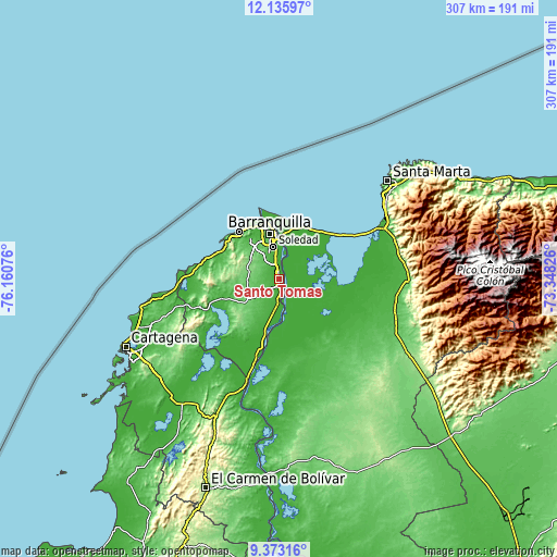 Topographic map of Santo Tomás