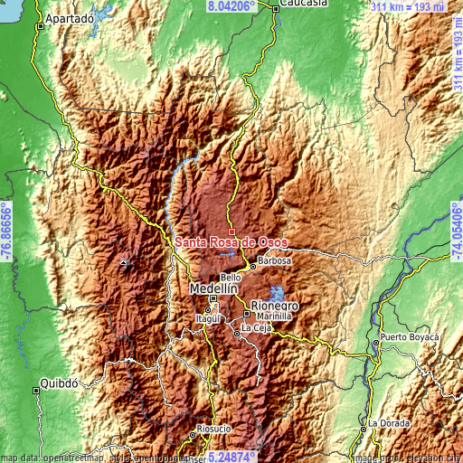 Topographic map of Santa Rosa de Osos