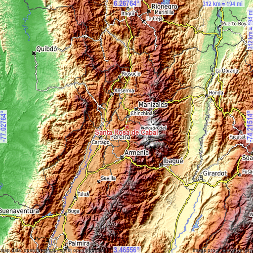 Topographic map of Santa Rosa de Cabal