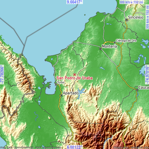 Topographic map of San Pedro de Urabá
